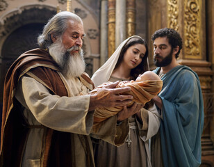 The Elder Simeon holds the Infant Jesus in his arms. Mary and Joseph stand nearby. Feast of the Presentation of the Lord.