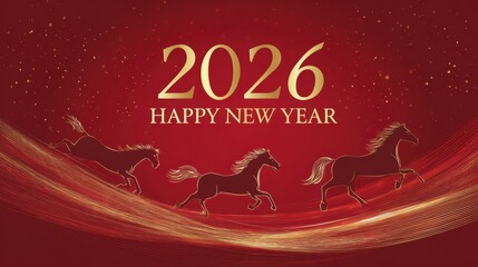Happy New Year 2026 with galloping horses and golden confetti on red background