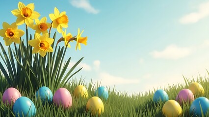 Vibrant Easter Eggs and Daffodils in Lush Green Field