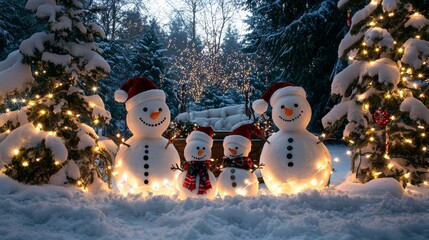 Snowmen wearing Santa hats stand cheerfully among decorated trees on a snowy winter evening