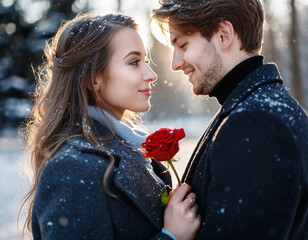 Para młodych, zakochanych ludzi na romantycznym spacerze walentynkowym w zimowej scenerii