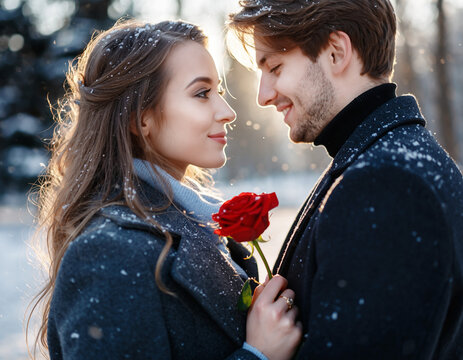 Para młodych, zakochanych ludzi na romantycznym spacerze walentynkowym w zimowej scenerii