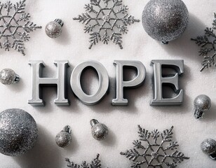Top view of silver 3D Hope written on white glitter background with silver snowflake decorations 