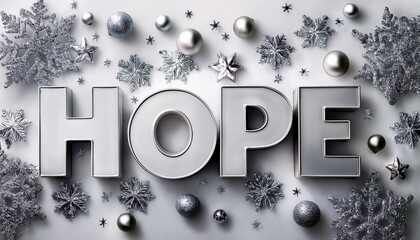 Top view of silver 3D Hope written on white glitter background with silver snowflake decorations 