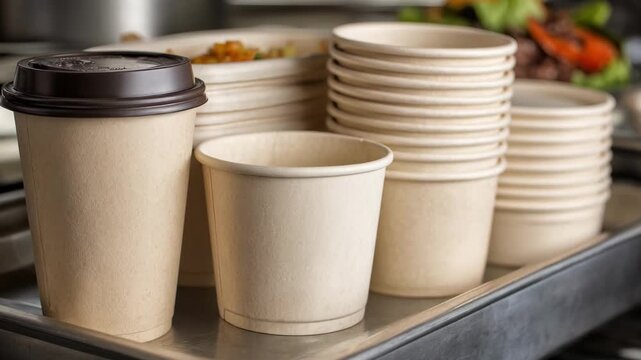 Medium shot displaying innovative sustainable packaging solutions with compostable biodegradable and recyclable options in a clean modern facility.