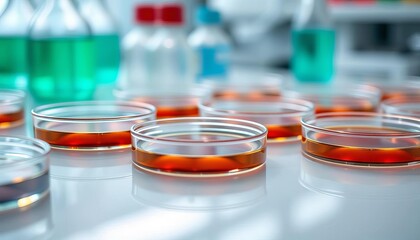 Close-up of sterile petri dishes on a lab bench, agar, sample