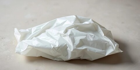 A crumpled white plastic grocery bag lies on a flat surface, bag, clean