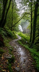 Obraz premium Forest Path Leading to Majestic Waterfall.