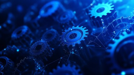 A close-up view of intricate blue gears interconnected in a futuristic mechanical network with a glowing effect