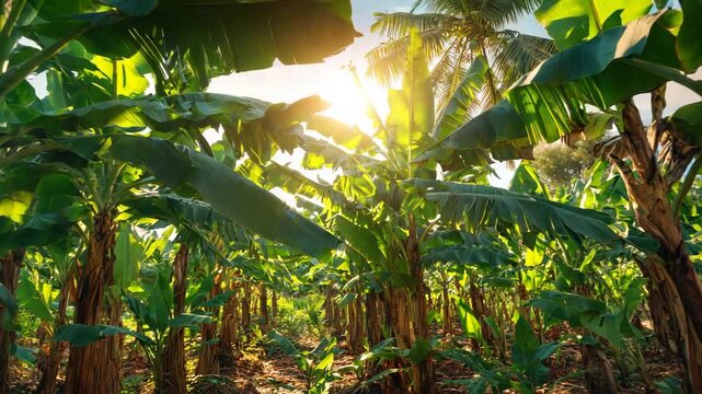 Banana Plantation at Sunset with Sunlight Filtering Through Leaves, tropical agricultural landscape with golden light, lush banana trees, natural environment and scenic plantation view