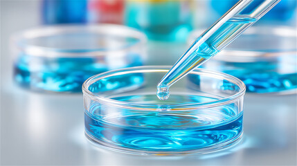 Close-up of pipette dropping blue solution into petri dish. Laboratory research and biotechnology testing background, sterile clean aesthetic for medical science concepts.