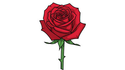 A single beautiful red rose blossom with a green leaf and stem is isolated on a white background as a romantic floral gift for Valentine's Day