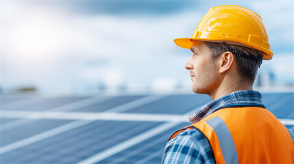 Construction worker in hard hat and safety vest standing near solar panels, looking toward the horizon. Concept of renewable energy, clean technology, green jobs, and sustainability.