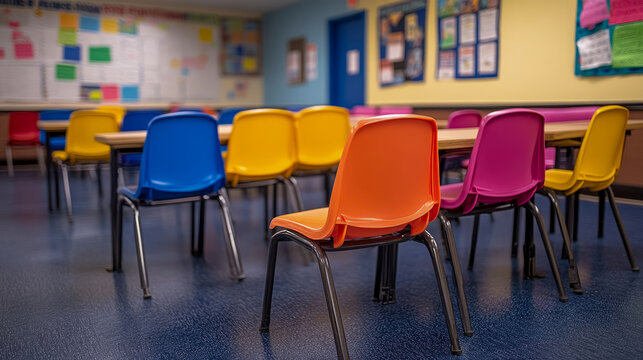 Colorful plastic chairs in vibrant empty elementary school classroom, featuring bright orange, blue, and yellow seating around small wooden desks waiting for students to arrive.