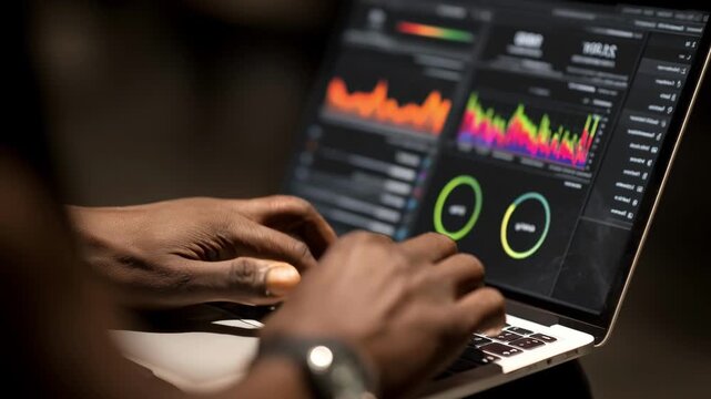 Medium shot of hands interacting with a digital dashboard showing dynamic load balancing metrics and system performance graphs on a sleek laptop.