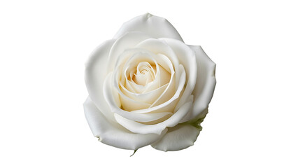 A beautiful single white rose flower with delicate petals and green leaves isolated on a white background captures the pure beauty and nature of a floral blossom for a romantic wedding gift