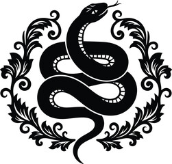 Obraz premium Ornate coiled snake silhouette with elegant floral scrollwork wreath and decorative leaf elements for creative vinyl cutting and artistic design.