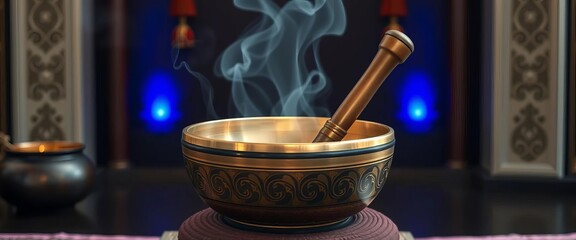 Tibetan singing bowl creating resonant sound waves in calm setting,  vibration,  meditation bowl