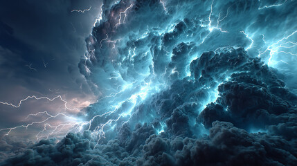 Dark blue stormy sky with bright electric lightning streaks