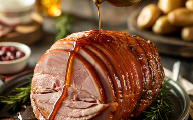 Glossy glazed ham with sauce drizzle