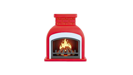 Red Fireplace with Burning Fire on White Background