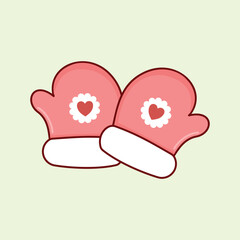 Cute pair of pink winter mittens with white trim and heart details on a pale green background. Ideal for cozy winter themes and holiday designs.