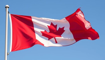 Red and white Canadian flag waving in wind, maple leaf emblem prominent,  freedom,  wind
