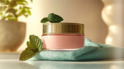 Luxurious skincare jar with mint leaves and towel on countertop