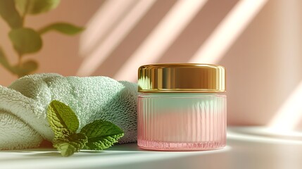 Luxurious skincare jar with mint leaves and towel on countertop