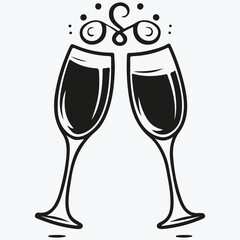 New year concept logo with champagne glasses sketch illustration vector