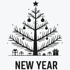 New year logo with Christmas balls and fir tree sketch illustration vector