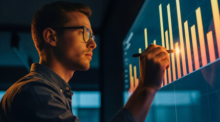 Male data scientist uses interactive screen digital interface to present and analyze data with stylus. Financial data analytics and graphs. Analysis of statistical business marketing data