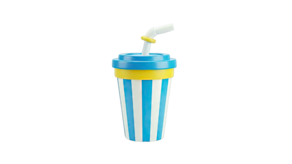 Striped Blue and White Drink Cup with Yellow and Blue Lid and Straw