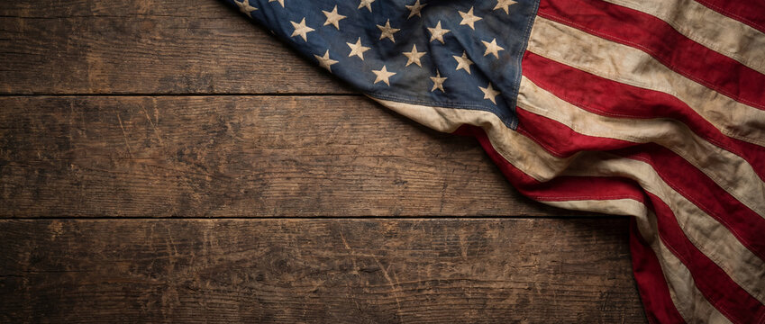 Aged American flag on distressed wooden surface. 4th July 250 anniversary, Thank you Veterans Day, Memorial Day, Labour Day banner