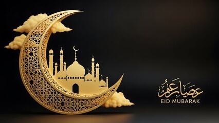 Eid Mubarak celebration featuring ornate crescent moon and mosque silhouette in golden graphic design with elegant cultural theme