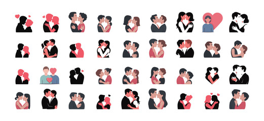 Naklejka premium Vector silhouette set of diverse couples kissing and hugging, LGBTQ+ and heterosexual romantic relationship icons, minimalist inclusive love collection for Valentine's Day.