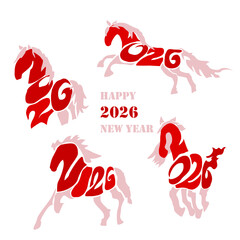 Holiday card Happy New Year 2026. Stylized image of a fire horse according to the Eastern Chinese calendar. Astrological New Year.