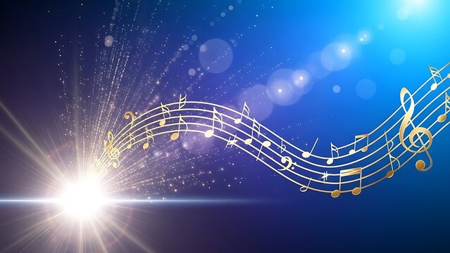 Golden musical notes flowing across a vibrant blue background with a brilliant shining light burst suggesting an auditory celebration or grand concert event