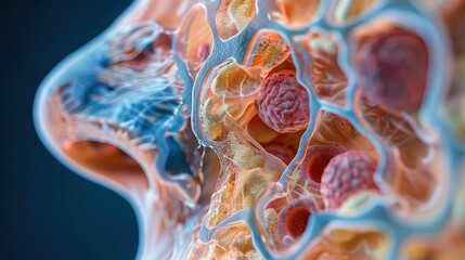 Susac syndrome: medical illustration of human inner ear anatomy showing cochlear damage, cross-section of cochlea with highlighted affected hair cells, vestibular system visible