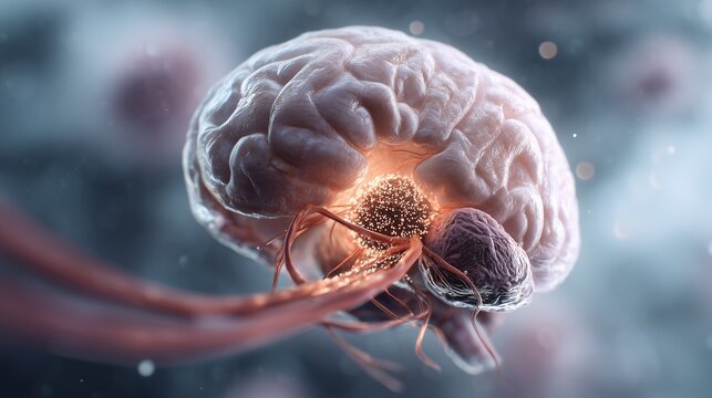 Susac syndrome: medical illustration of Susac syndrome pathophysiology, microvascular involvement in brain, retina, and inner ear, ultra-realistic 3D biomedical CGI