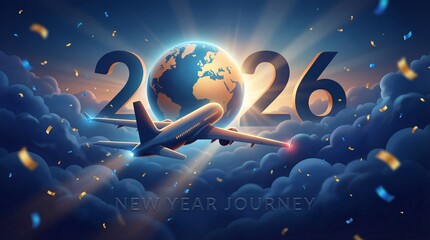 New Year Journey 2026 with Airplane Flying Towards Glowing Earth Globe and Confetti