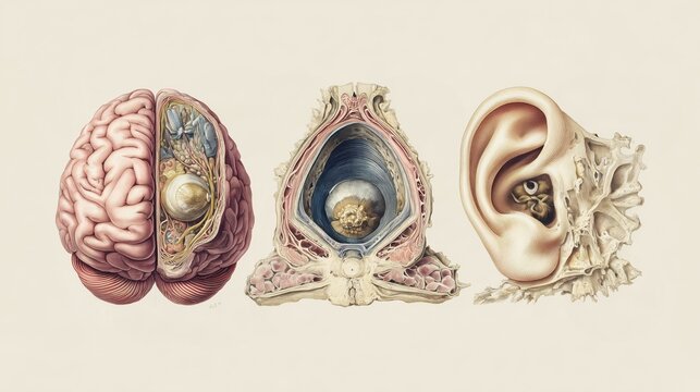 Susac syndrome: scientific illustration representing the classic triad of Susac syndrome brain, retina, and inner ear arranged in a balanced scientific composition, anatomically precise organs
