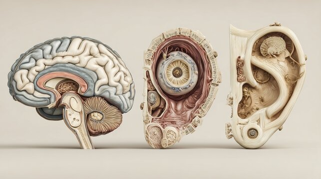 Susac syndrome: scientific illustration representing the classic triad of Susac syndrome brain, retina, and inner ear arranged in a balanced scientific composition, anatomically precise organs