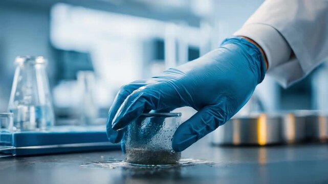 Low VOC coating being mixed in a laboratory emphasizing airfriendly and nontoxic formulas aimed at reducing indoor pollution in clean surroundings.