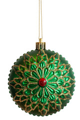 Large green Christmas ornament with gold trim and red dot