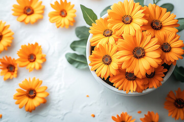 Blooming plant in pot. Top view. Calendula plant with yellow flowers in pot on a white background. Close-up of a potted medicinal herb.