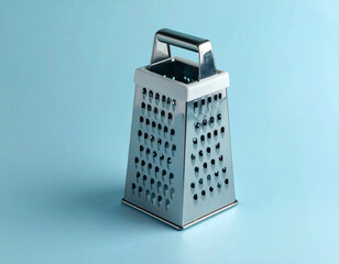 Kitchen staff.  Metal grater for vegetables on blue background. Food preparation. Cooking concept.
