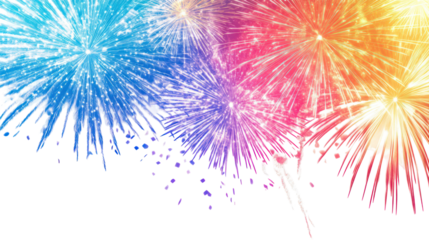 Bright sparkling fireworks in red blue green and yellow colors on transparent background