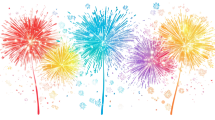 Bright sparkling fireworks in red blue green and yellow colors on transparent background