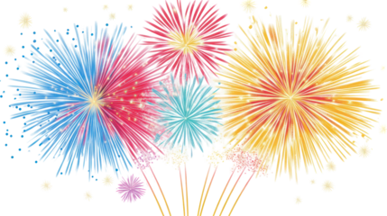 Bright sparkling fireworks in red blue green and yellow colors on transparent background